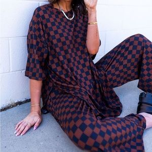 LALA ORIGINAL: Lex Ribbed Checkerboard Playsuit in Black + Mocha